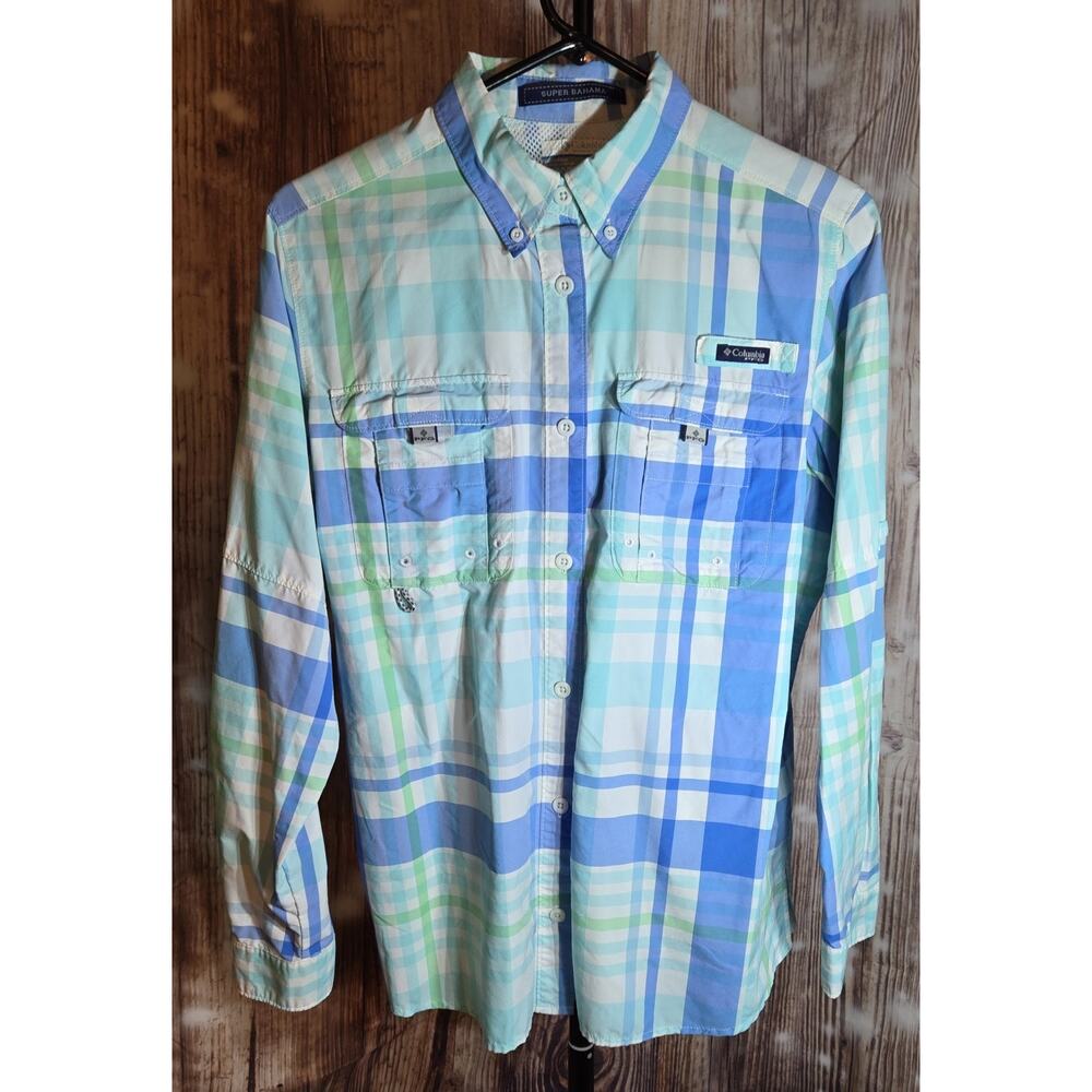 COLUMBIA Top Womens M PFG SUPER BAHAMA Vented Plaid Fishing Button Down